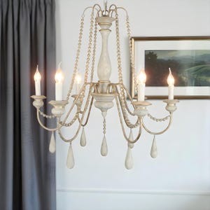 French Country Beaded Chandelier: Rustic White Wood Candle Pendant Light