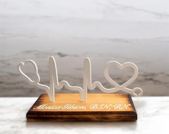 Personalized Heartbeat Stethoscope Desk Sign: Wood & Metal Nurse Gift