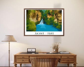 Haiti Wall Art – Travel Poster – Bassin Bleu Waterfall, Jacmel, Haiti | Nature Print | Tropical Wall Art for Home or Office - White border
