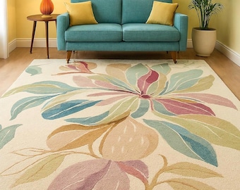 Hand-Tufted Wool Area Rug | Watercolor Floral Rug | Pastel Leaf & Flower Design | Living room Carpet