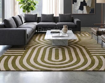 Tappeto geometrico in lana trapuntato a mano – Tappeto contemporaneo verde beige