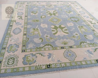 8x10 Hand-Knotted Wool Oushak Rug – Light Blue, Sage Green Floral Carpet,
