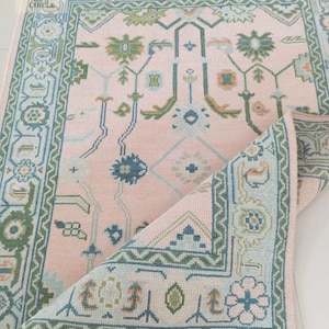 Pastel Pink & Green Hand-Knotted Oushak Rug | Turkish Wool Carpet with Light Blue Border Floral Motifs