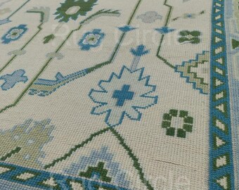 Hand Knotted Wool Oushak Rug | Blue & Green Carpet, 8x10 ft