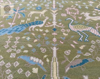 Hand-Knotted Wool Oushak Rug | Olive Sage Botanical Bird Design, 5x7, 8x10, 9x12 Rug