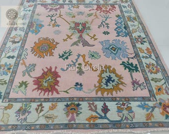 Pink Oushak Wool Rug – Floral Turkish Oriental Carpet – Boho Living Room Area Rug