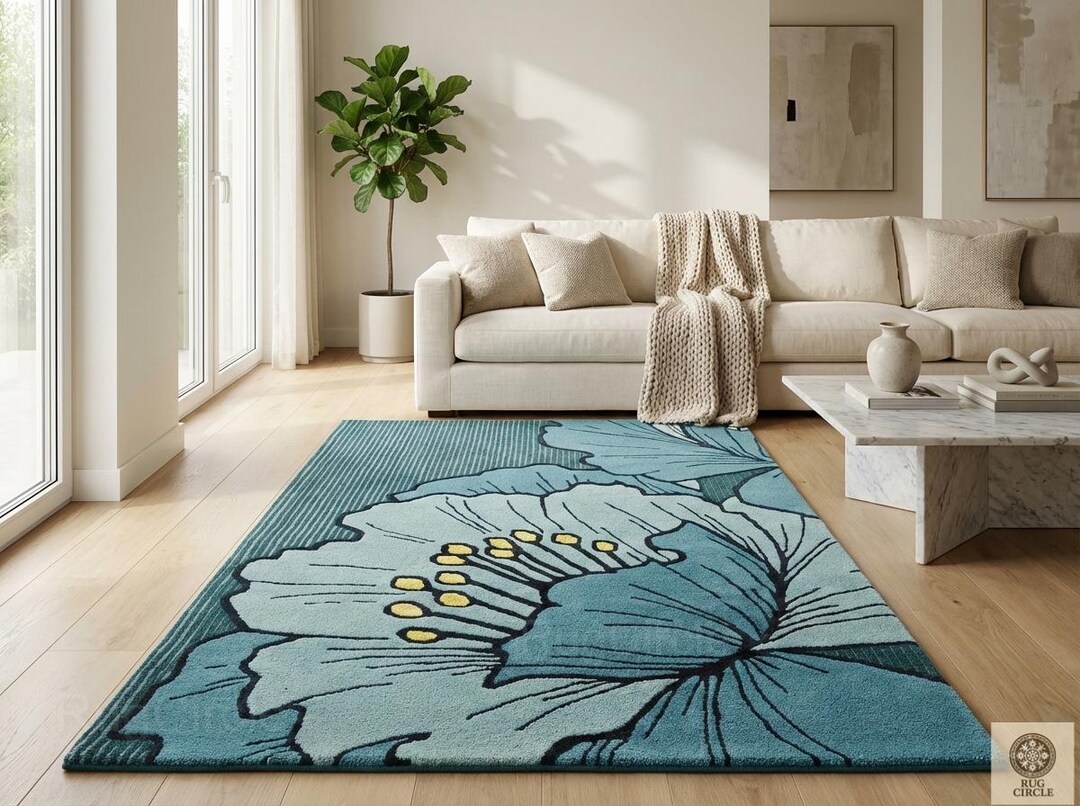 Hand Tufted Wool Floral Rug | Blue Botanical Design, Modern Carpet - Etsy