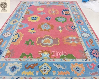 9x12 Hand-Knotted Wool Oushak Rug | Hot Pink Multi-Color Carpet