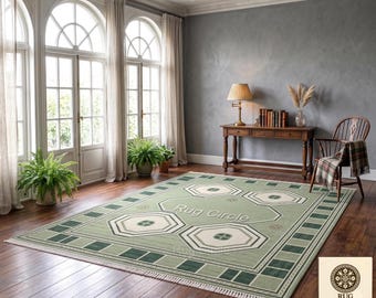 Olive Green Oushak Rug, Hand Knotted Wool, Vintage Style Carpet, Geometric Area Rug,