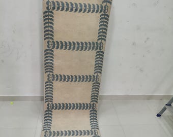 2.6x8 Runner Rug | Modern Oushak Hand Knotted Blue Ivory Wool Hallway Runner