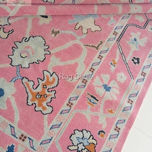 Hand-Knotted Pink Floral Wool Rug: Boho Turkish Style