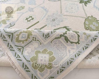 8x10 Hand-Knotted Wool Oushak Rug – 9x12 Carpet in Ivory, Sage Green & Blue, Vintage-Inspired Design