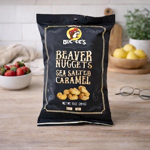 May include: A black bag of "Buc-ee's" Beaver Nuggets, sea salted caramel flavored. The bag features the brand's logo and the text "Beaver Nuggets Sea Salted Caramel". The net weight is 10 oz (283g).