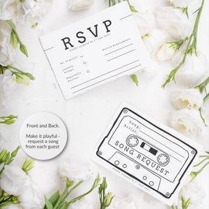 Modèle de carte RSVP minimaliste avec demande de chanson sur cassette - Modifiable dans Canva