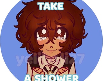 Dazai “take a shower” pinback button