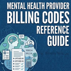 May include: A blue book cover with the title "Mental Health Provider Billing Codes Reference Guide." The cover includes illustrations of a brain, a clipboard, and a calculator. The author's name is Doreen Phillips.