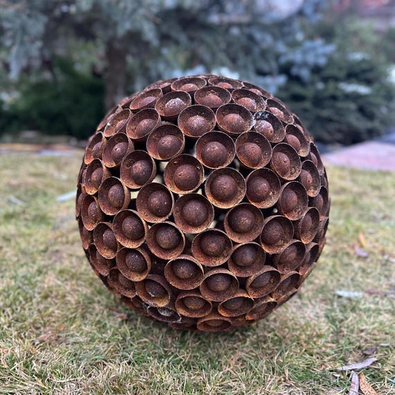 Rusty Metal Sphere Sculpture, Handmade Modern Garden Art, 20''