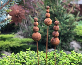 Rusty Metal Flower Garden Stakes, Set of 3, Outdoor Garden Art