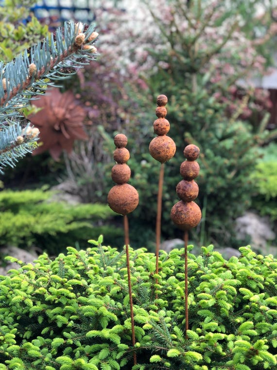 Rusty Metal Garden Stakes, Set of 3, Outdoor Yard Art