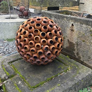 20&quot; Abstract Rusty Metal Garden Sphere, Weathered Steel Yard Sculpture
