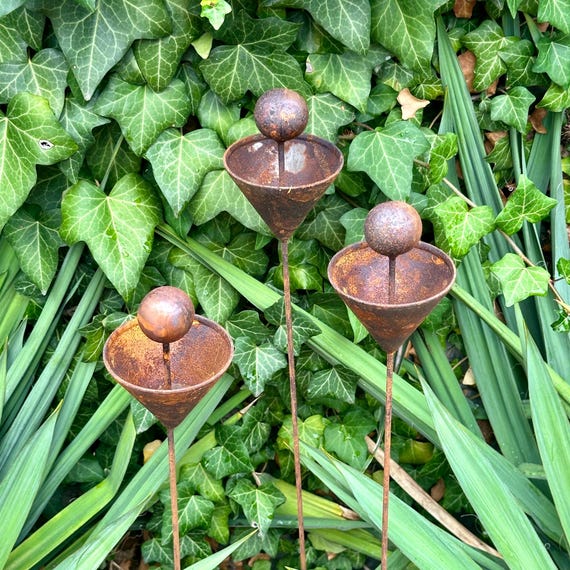 Rustic Metal Flower Garden Stakes, Handmade Outdoor Decor, Set of 3