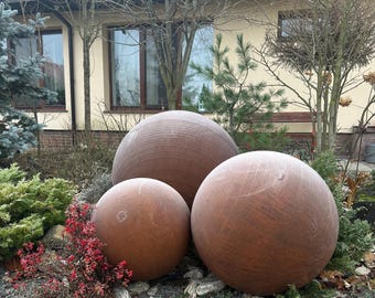 Set of 3 Big Rusty Corten Steel Garden Spheres, Outdoor Sculpture