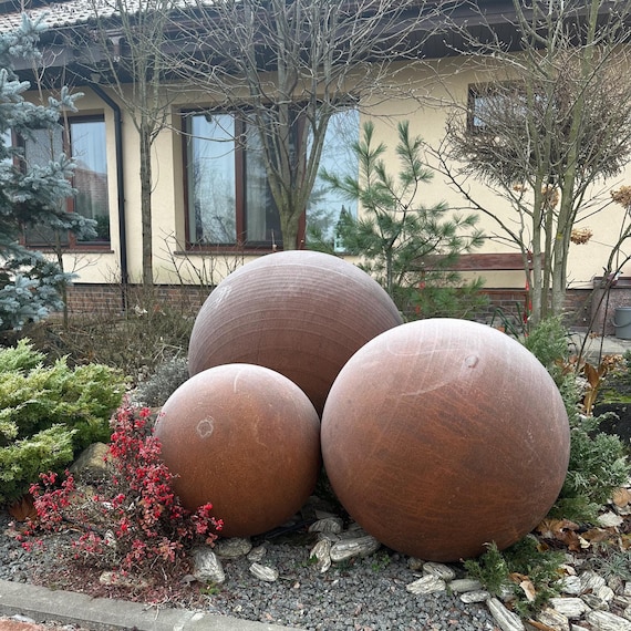 Set of 3 Big Rusty Corten Steel Garden Spheres, Outdoor Sculpture