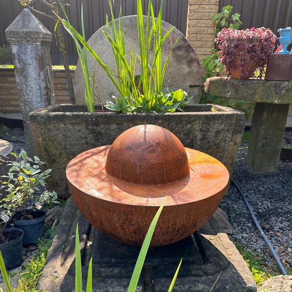 27" Rusty Corten Steel Half Sphere Sculpture, Modern Garden Art