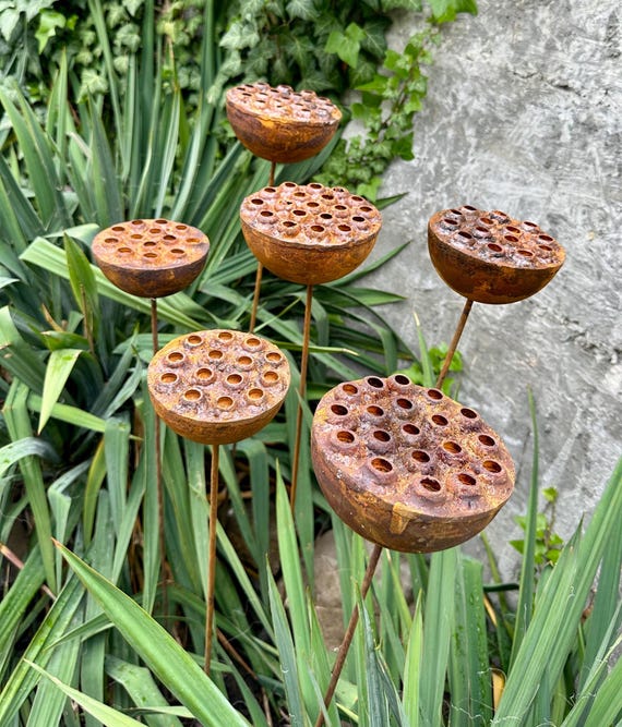 Rustic Metal Lotus Flowers, Handmade Garden Sculptures Set of 6