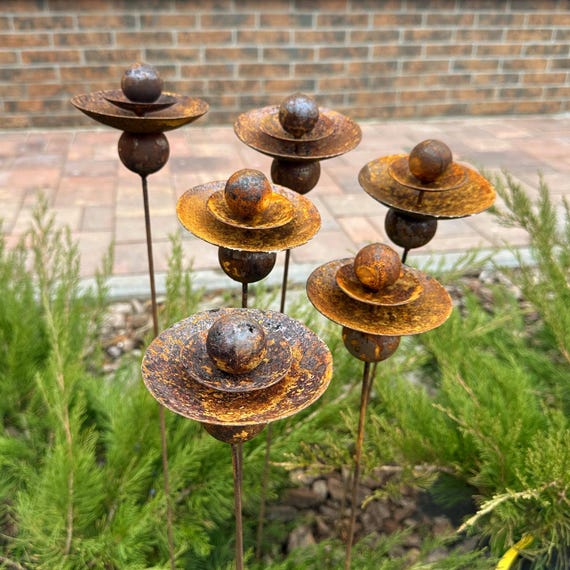 Rusty Metal Garden Flowers, Set of 6 Stakes Handmade Rustic Outdoor Decor