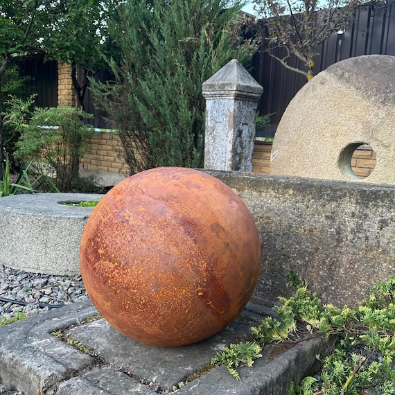 20" Rusty Corten Steel Garden Sphere, Large Rustic Metal Sculpture