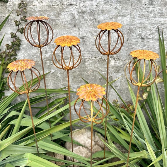 Rustic Metal Poppy Seed Head Garden Stakes, Set of 6
