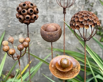 Rustic Metal Flower Garden Stakes - Handmade Exotic Set of 6