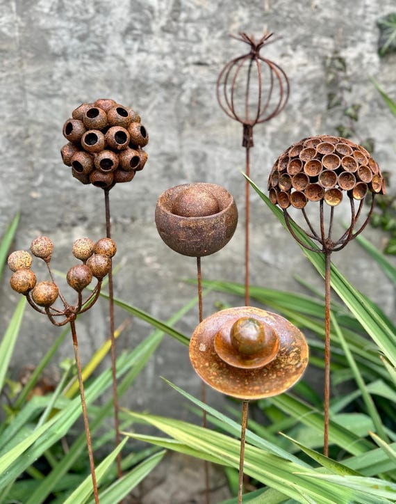 Rustic Metal Flower Garden Stakes - Handmade Exotic Set of 6