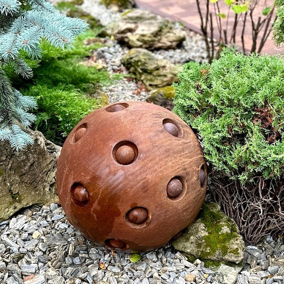 20" Corten Steel Garden Sphere Sculpture - Modern Rustic Outdoor Decor