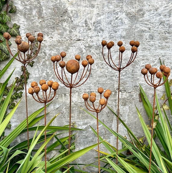 Rustic Metal Flower Garden Stakes, Handmade Exotic Plant Sculpture, Set of 6