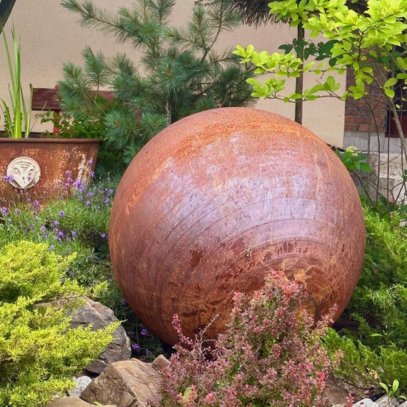 Large Rusty Corten Steel Garden Sphere, Zen Outdoor Sculpture