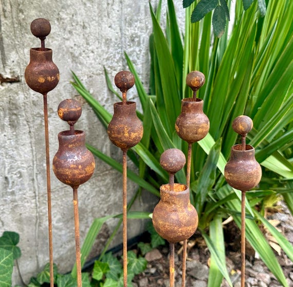 Rustic Metal Flower Garden Stakes, Set of 6
