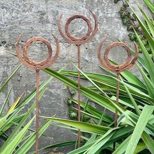 Rustic Metal Garden Finial Stakes, Outdoor Yard Art, Set of 3