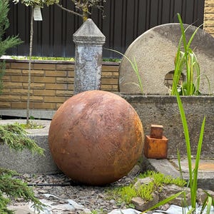 Large 27&quot; Rusty Corten Steel Garden Sphere: Weathered Metal Sculpture