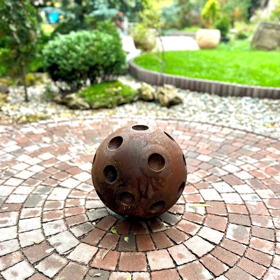 14" Rusty Steel Garden Sphere, Modern Metal Sculpture