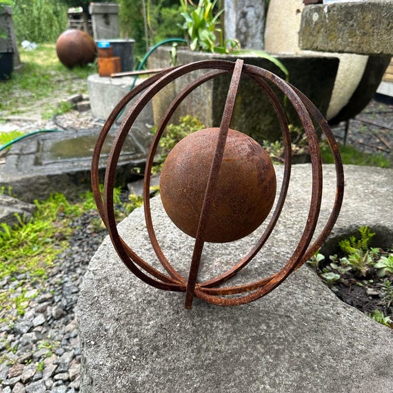 Rusty Metal Garden Sphere, Weathered Steel Globe Sculpture, Zen Decor (12 inch)