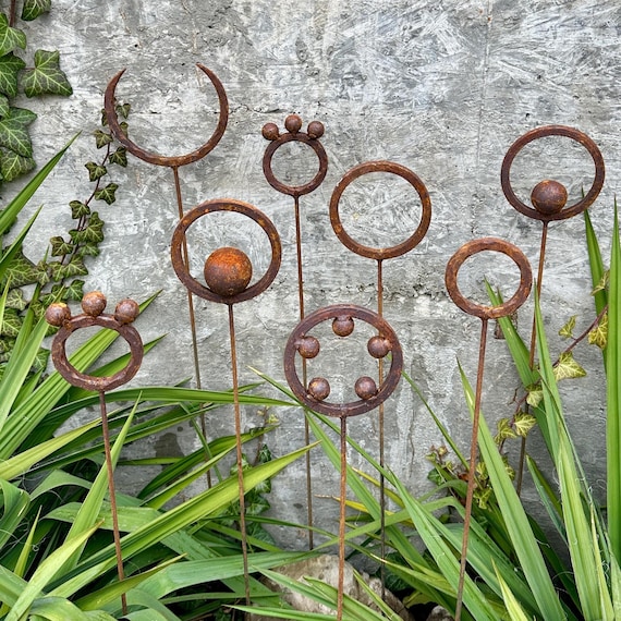 Rusty Metal Garden Stakes, Finial Rings Set of 8