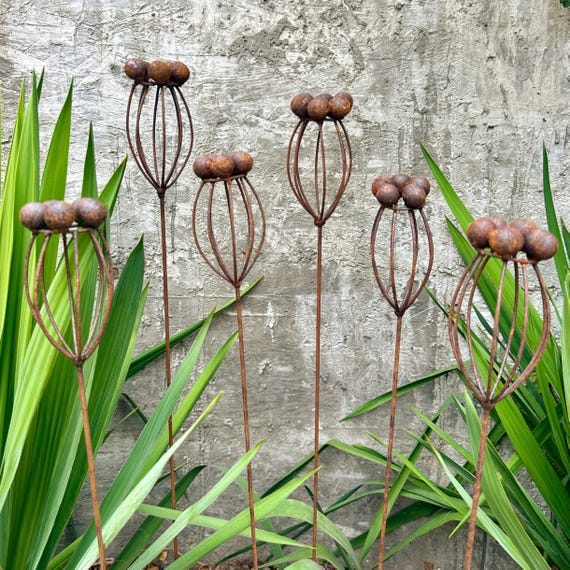 Rustic Metal Flower Garden Stakes, Exotic Seed Head Sculpture - Set of 6