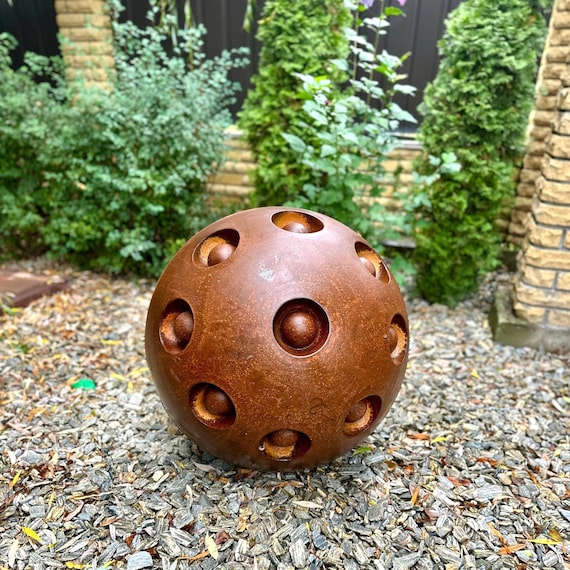 27" Corten Steel Garden Sphere Sculpture: Weathered Metal Yard Art