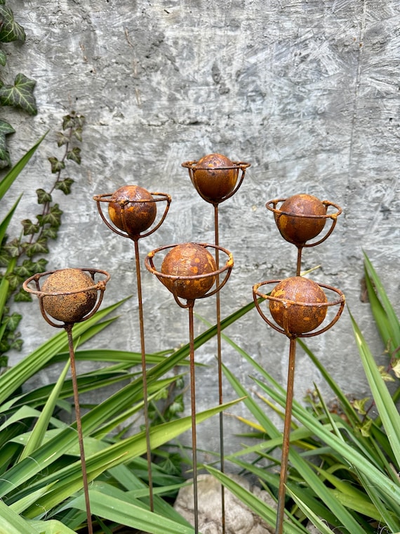 Set of 6 Rustic Metal Garden Flower Stakes, Handmade Yard Art