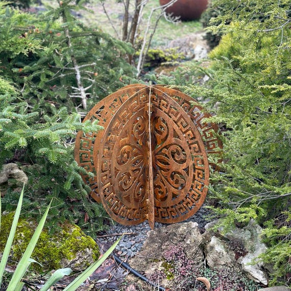 20'' Rusty Corten Steel Garden Sphere, Laser Cut Outdoor Sculpture