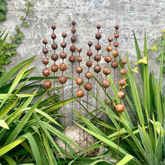 Rusty Flower Bud Garden Stakes, Metal Yard Art, Set of 10