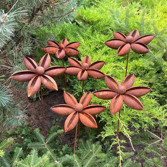 Rusty Metal Flower Garden Stakes - Set of 6, Rustic Outdoor Decor