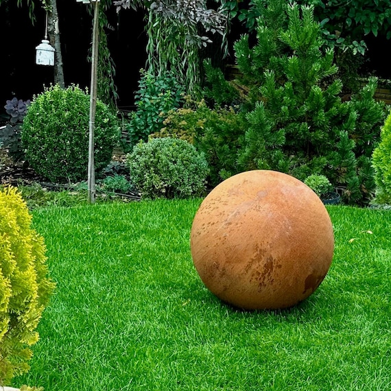 Large 27" Rusty Metal Garden Sphere - Weathered Steel Sculpture